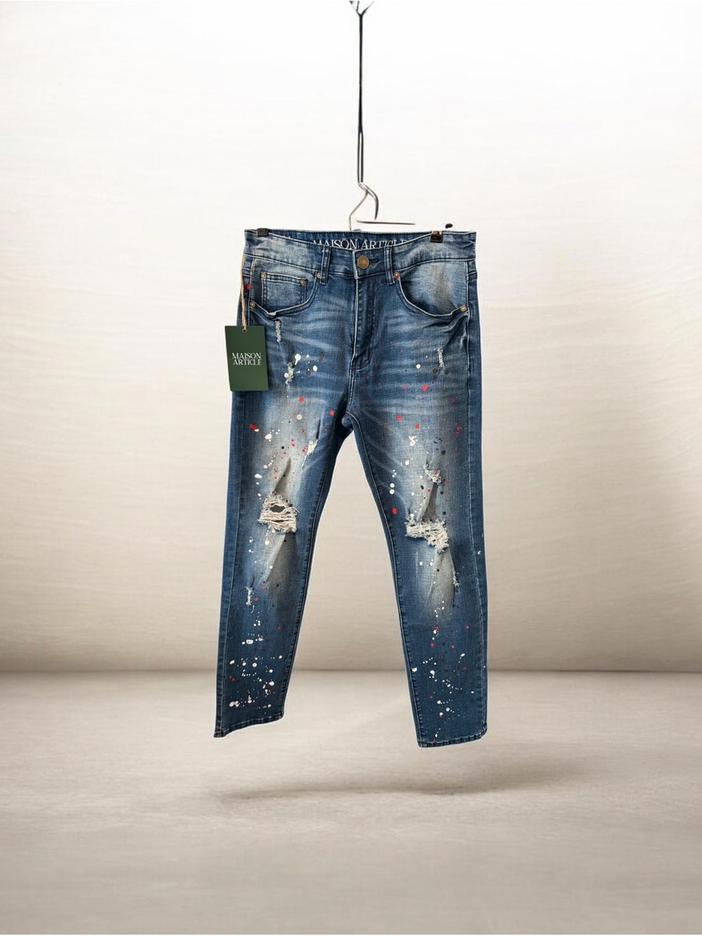 Maison Article Johnny Straight Jeans Paint Splatter Distressed,NWT